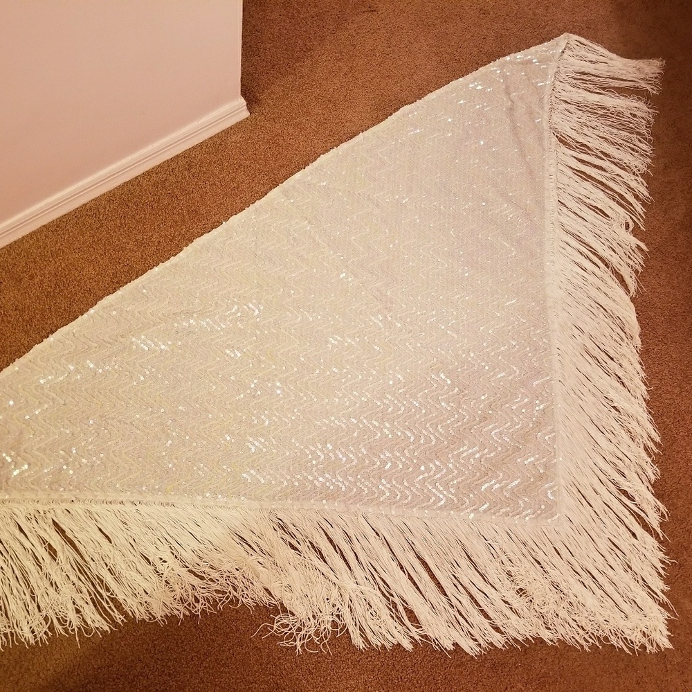 Elegant Sequin Fringe Wrap Shawl in Ivory